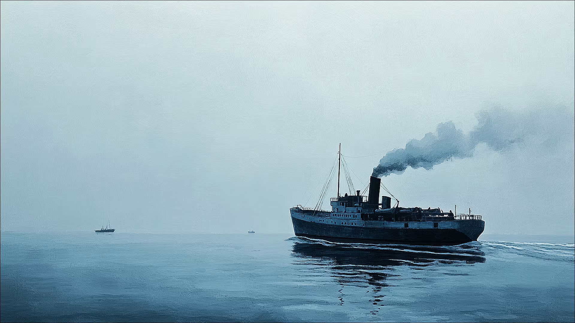 Et norsk fraktskip i konvoi på Atlanteren — andre fartøy svakt synlige i tussmørke